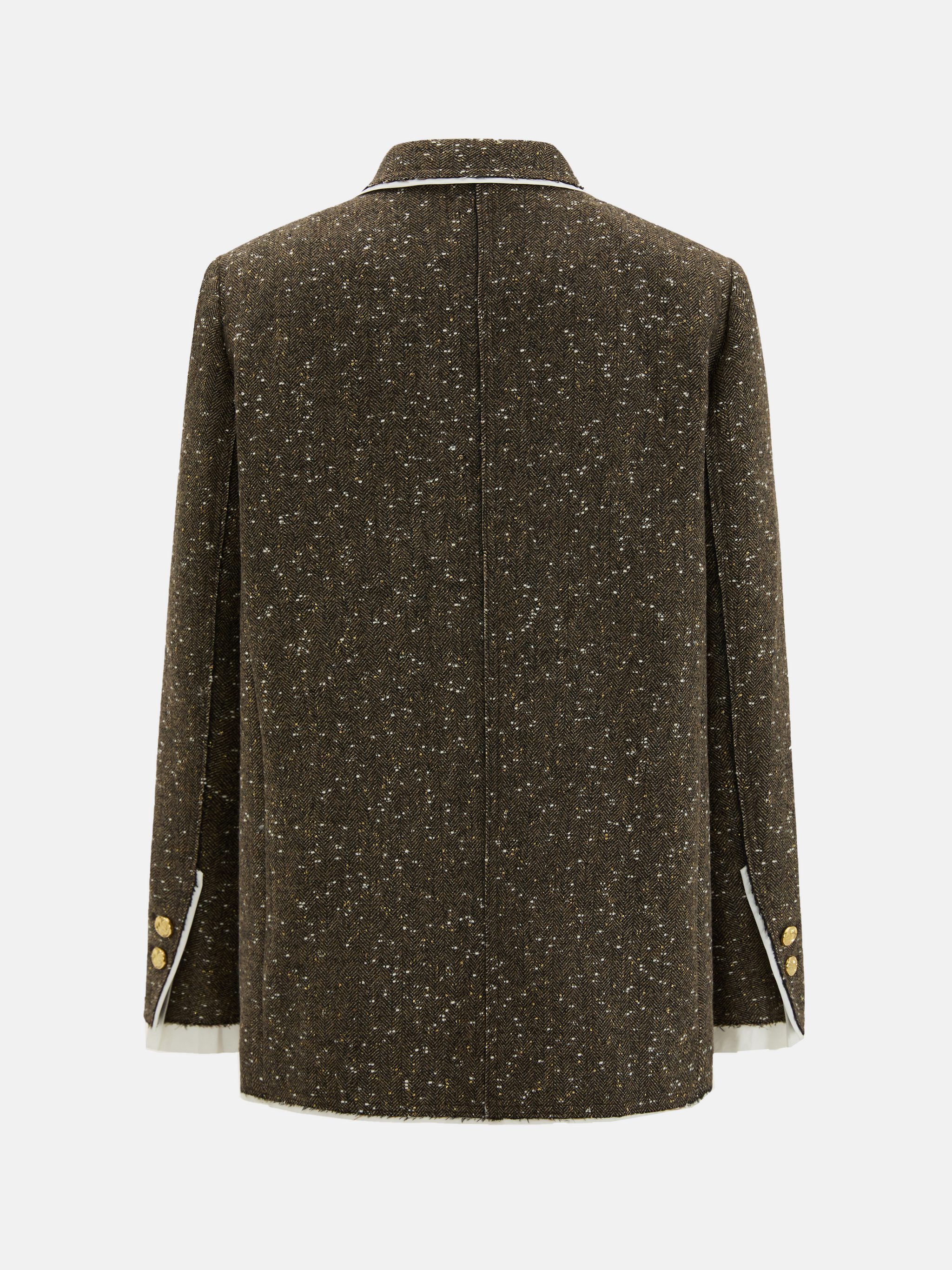 Structured coffee mélange blazer with sharp lapels, ivory piping, and gold buttons, embodying refined British tailoring.