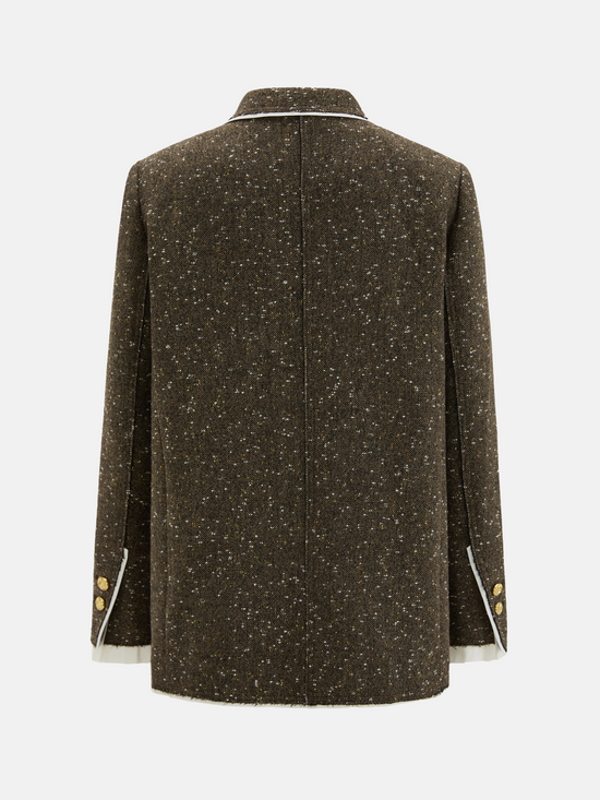 Structured coffee mélange blazer with sharp lapels, ivory piping, and gold buttons, embodying refined British tailoring.