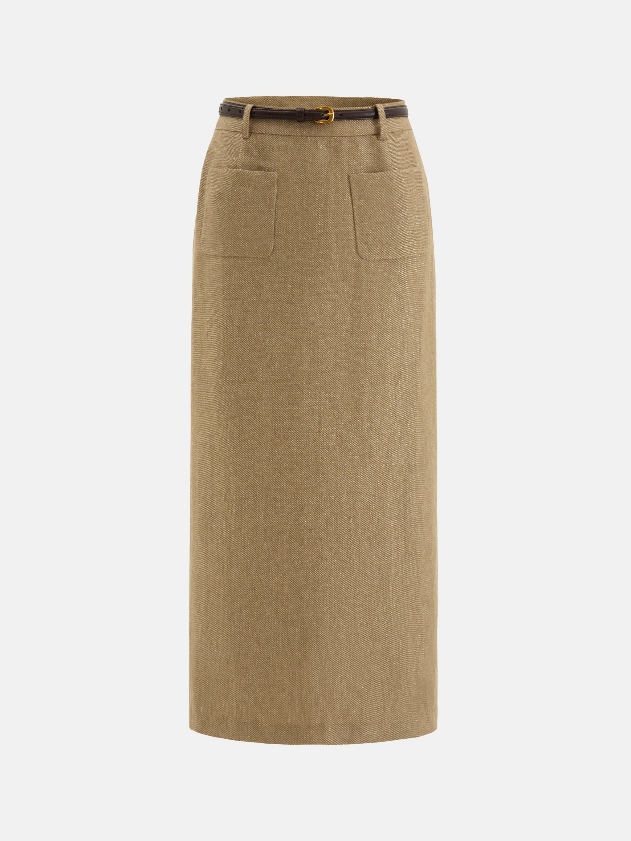 SELVANE Tailored Linen Suit Set in apricot, featuring a cleanly cut jacket and sleek skirt with a subtle metallic glint.