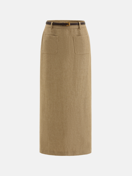 SELVANE Tailored Linen Suit Set in apricot, featuring a cleanly cut jacket and sleek skirt with a subtle metallic glint.
