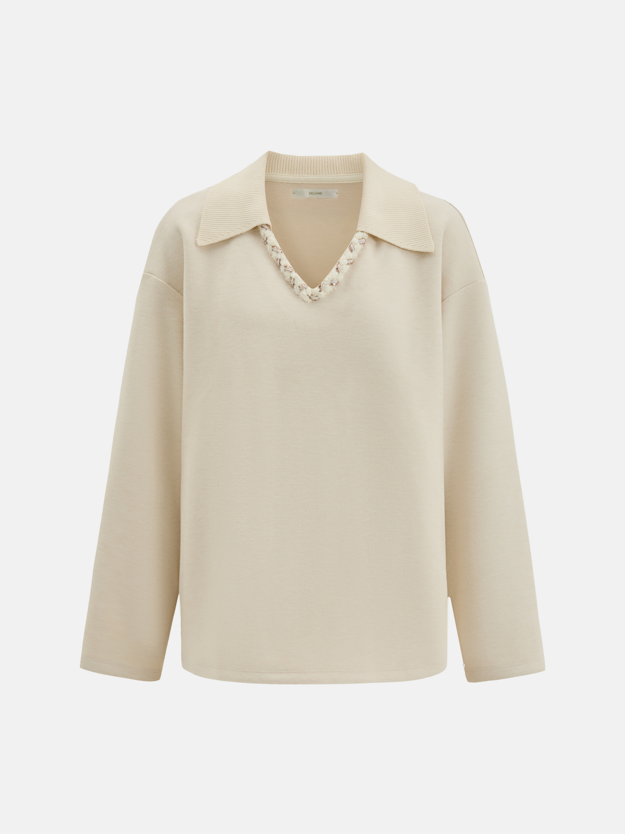 Off-white SELVANE Collared Knit Pullover and Wide-Leg Pants Set, featuring a V-neck and fluid silhouette.