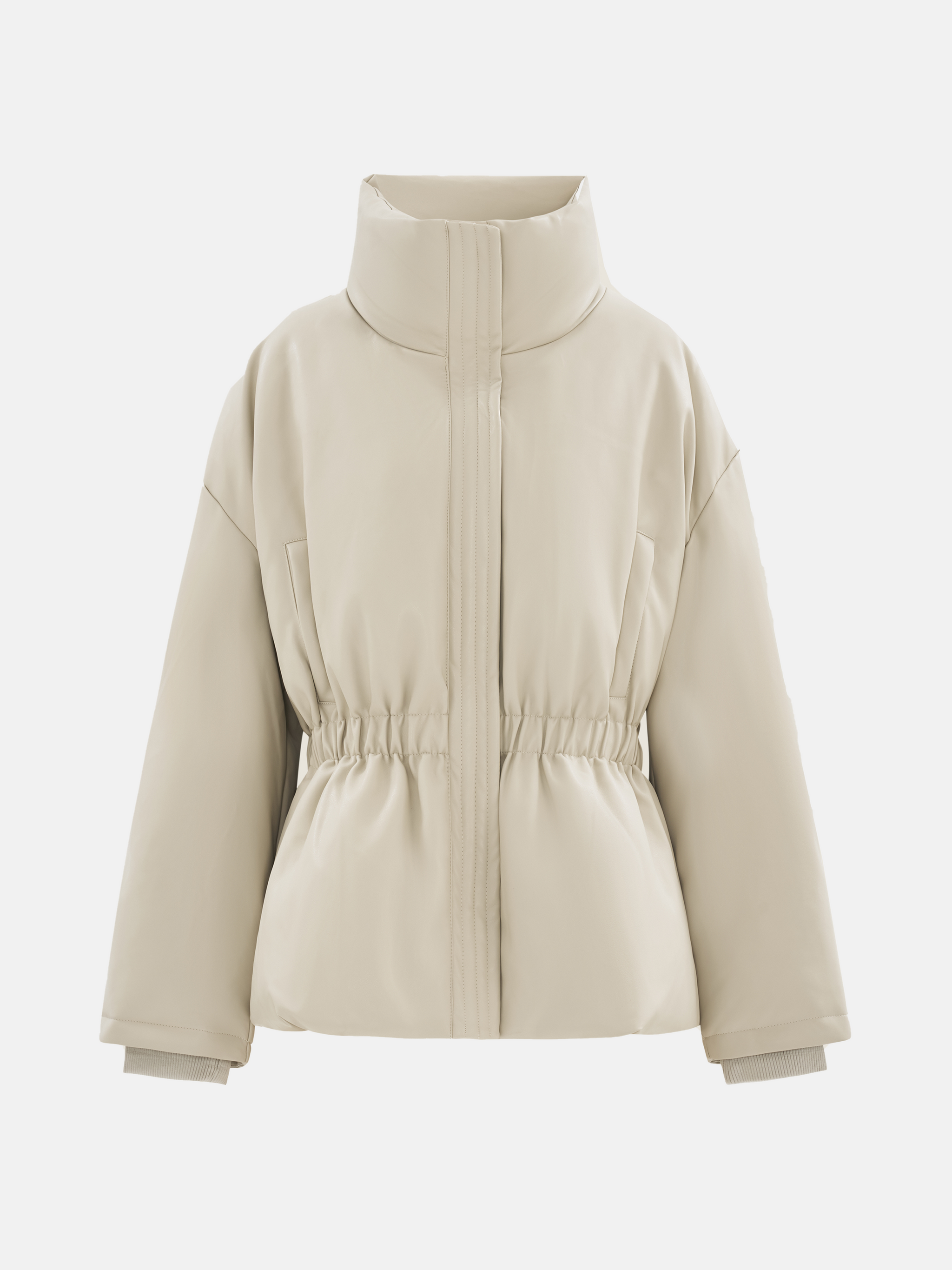 Apricot high-collar structured puffer down jacket by SELVANE, featuring a concealed placket and cinched waist, presented architecturally.