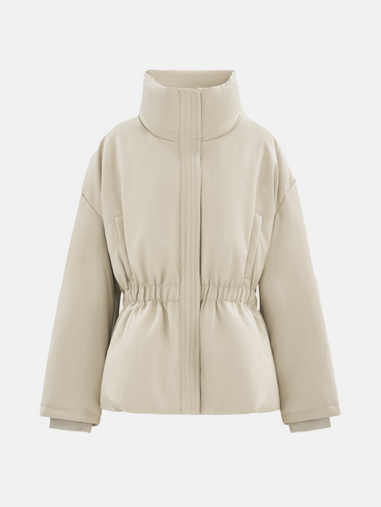 Apricot high-collar structured puffer down jacket by SELVANE, featuring a concealed placket and cinched waist, presented architecturally.