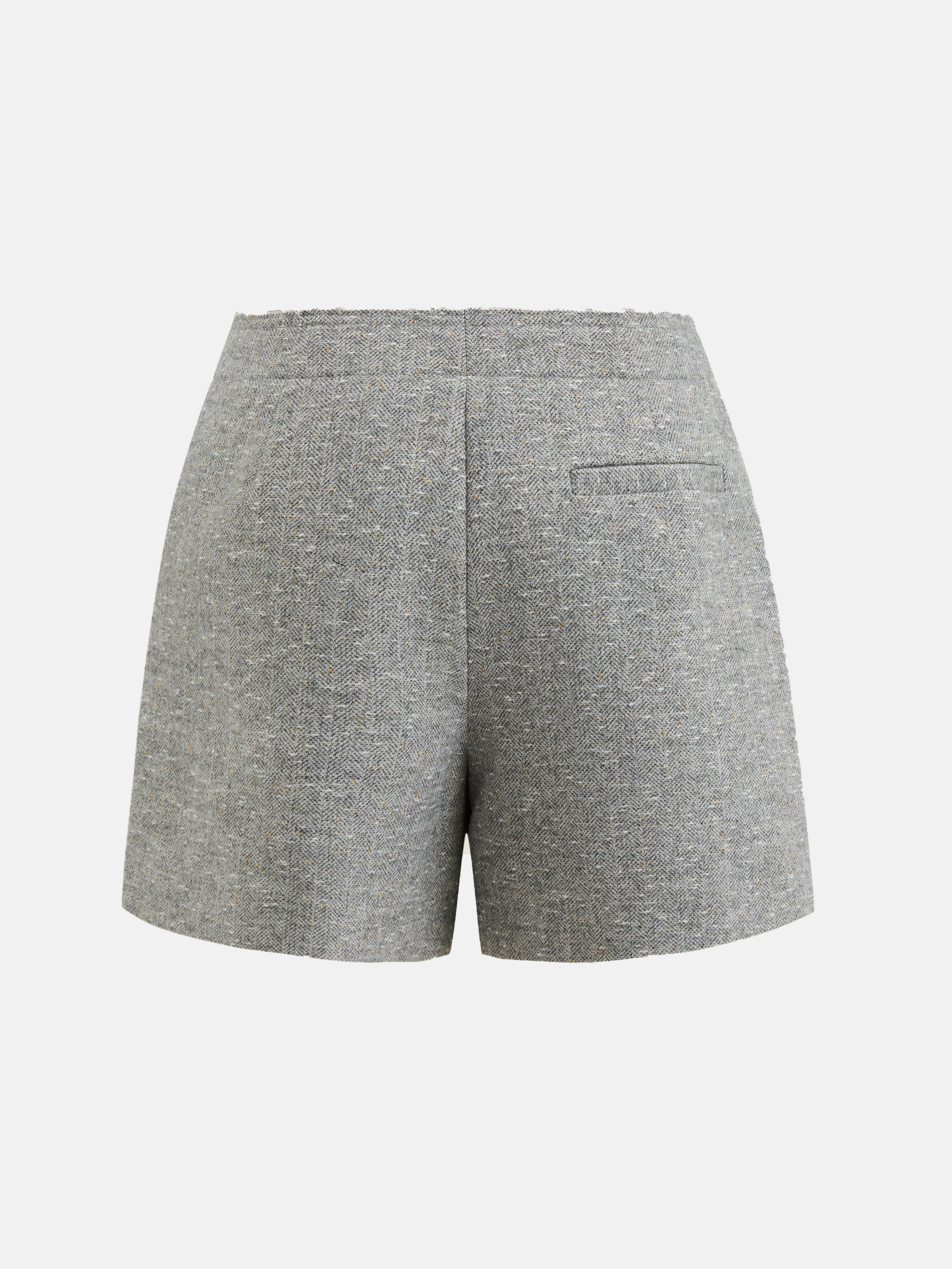 High-waisted grey mélange tailored shorts with front pleats, slightly flared leg, and subtle contrast pocket trims.