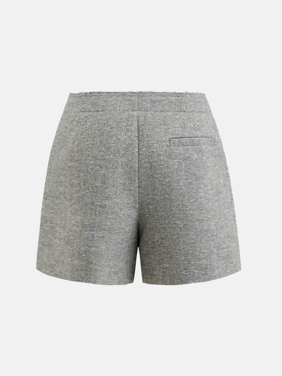 High-waisted grey mélange tailored shorts with front pleats, slightly flared leg, and subtle contrast pocket trims.