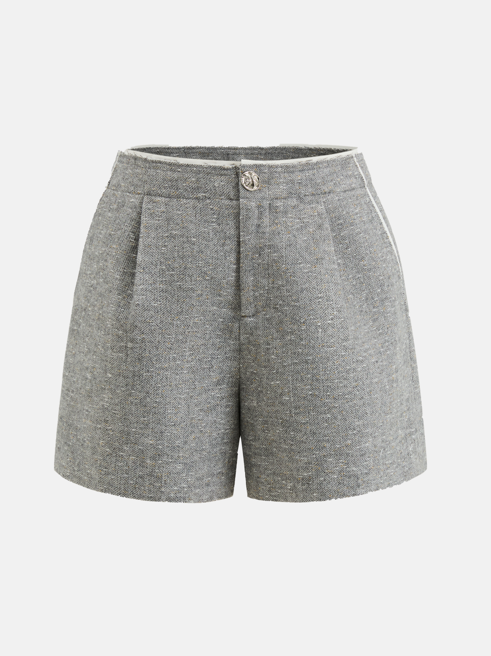 High-waisted grey mélange tailored shorts with front pleats, slightly flared leg, and subtle contrast pocket trims.