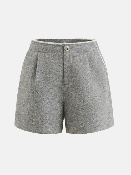 High-waisted grey mélange tailored shorts with front pleats, slightly flared leg, and subtle contrast pocket trims.