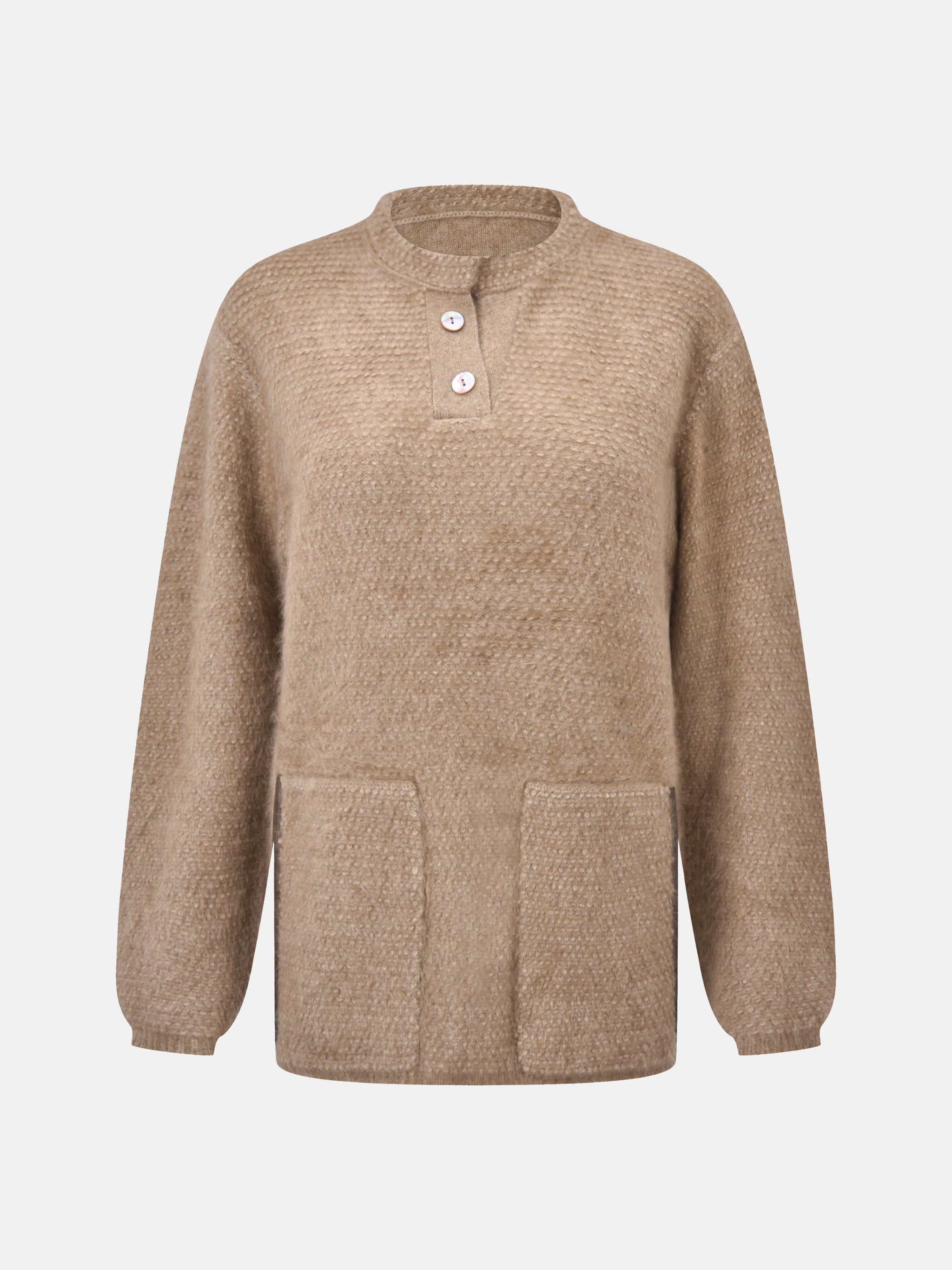 SELVANE Cashmere Textured Henley Sweater in a relaxed fit, featuring a clean round neck, subtle button placket, and visible pebbled texture, designed for calm daily wear.