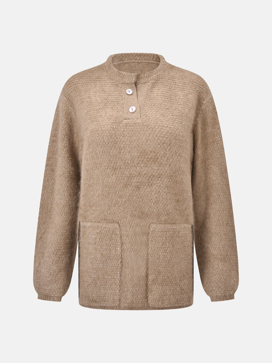 SELVANE Cashmere Textured Henley Sweater in a relaxed fit, featuring a clean round neck, subtle button placket, and visible pebbled texture, designed for calm daily wear.