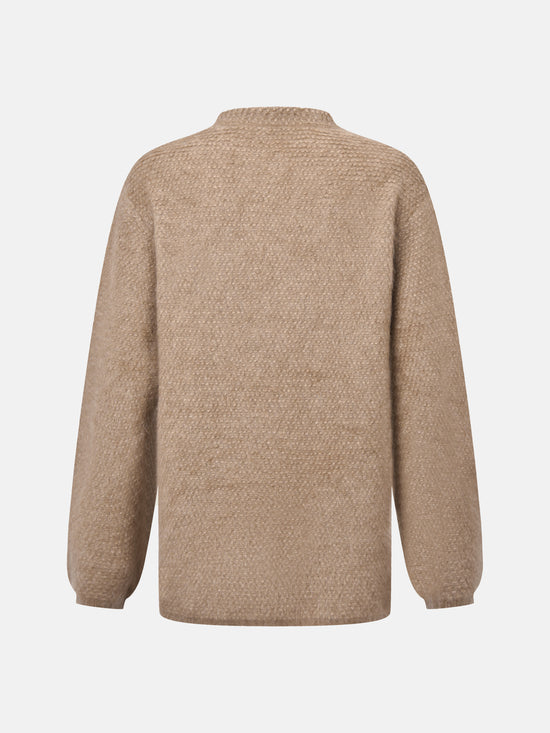 SELVANE Cashmere Textured Henley Sweater in a relaxed fit, featuring a clean round neck, subtle button placket, and visible pebbled texture, designed for calm daily wear.