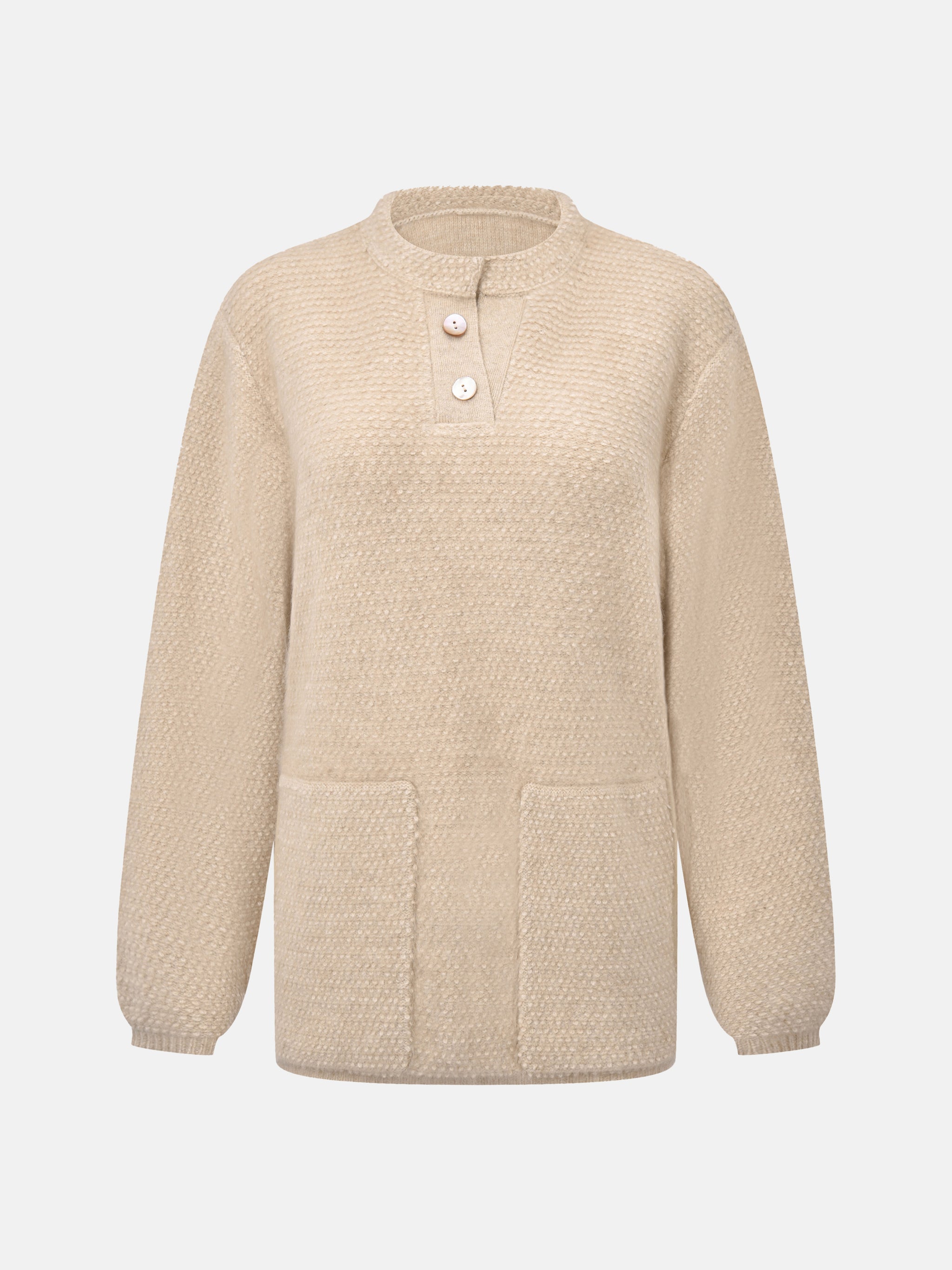 SELVANE Cashmere Textured Henley Sweater in a relaxed fit, featuring a clean round neck, subtle button placket, and visible pebbled texture, designed for calm daily wear.