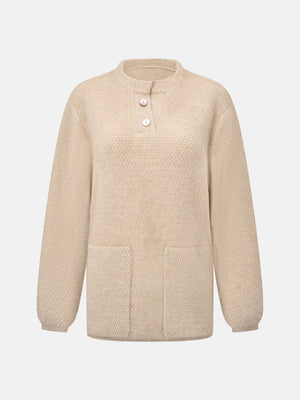 SELVANE Cashmere Textured Henley Sweater in a relaxed fit, featuring a clean round neck, subtle button placket, and visible pebbled texture, designed for calm daily wear.