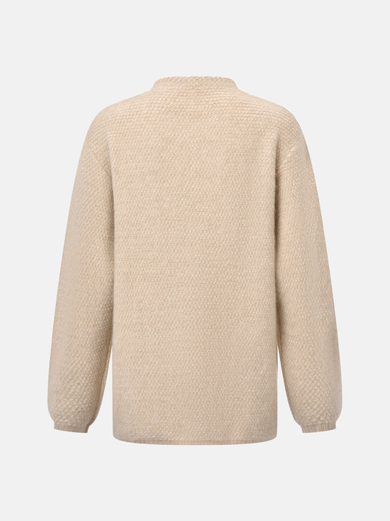 SELVANE Cashmere Textured Henley Sweater in a relaxed fit, featuring a clean round neck, subtle button placket, and visible pebbled texture, designed for calm daily wear.