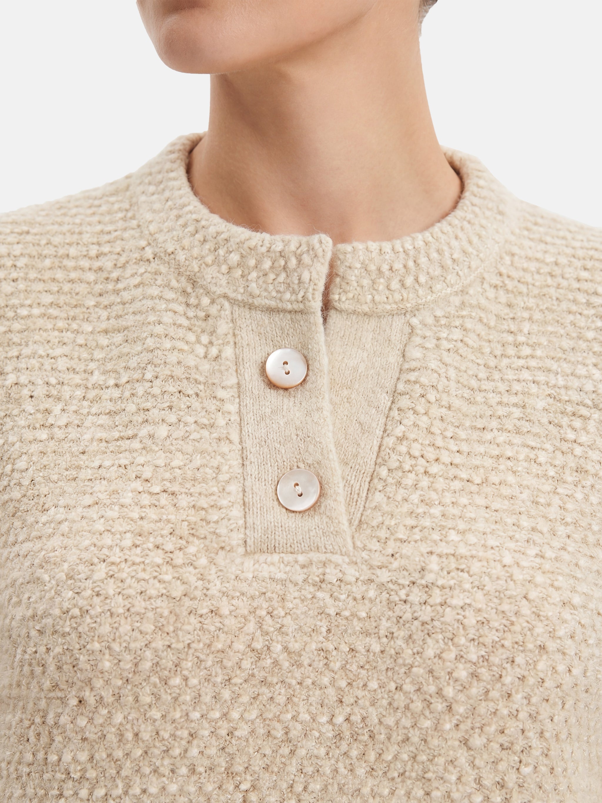 SELVANE Cashmere Textured Henley Sweater in a relaxed fit, featuring a clean round neck, subtle button placket, and visible pebbled texture, designed for calm daily wear.