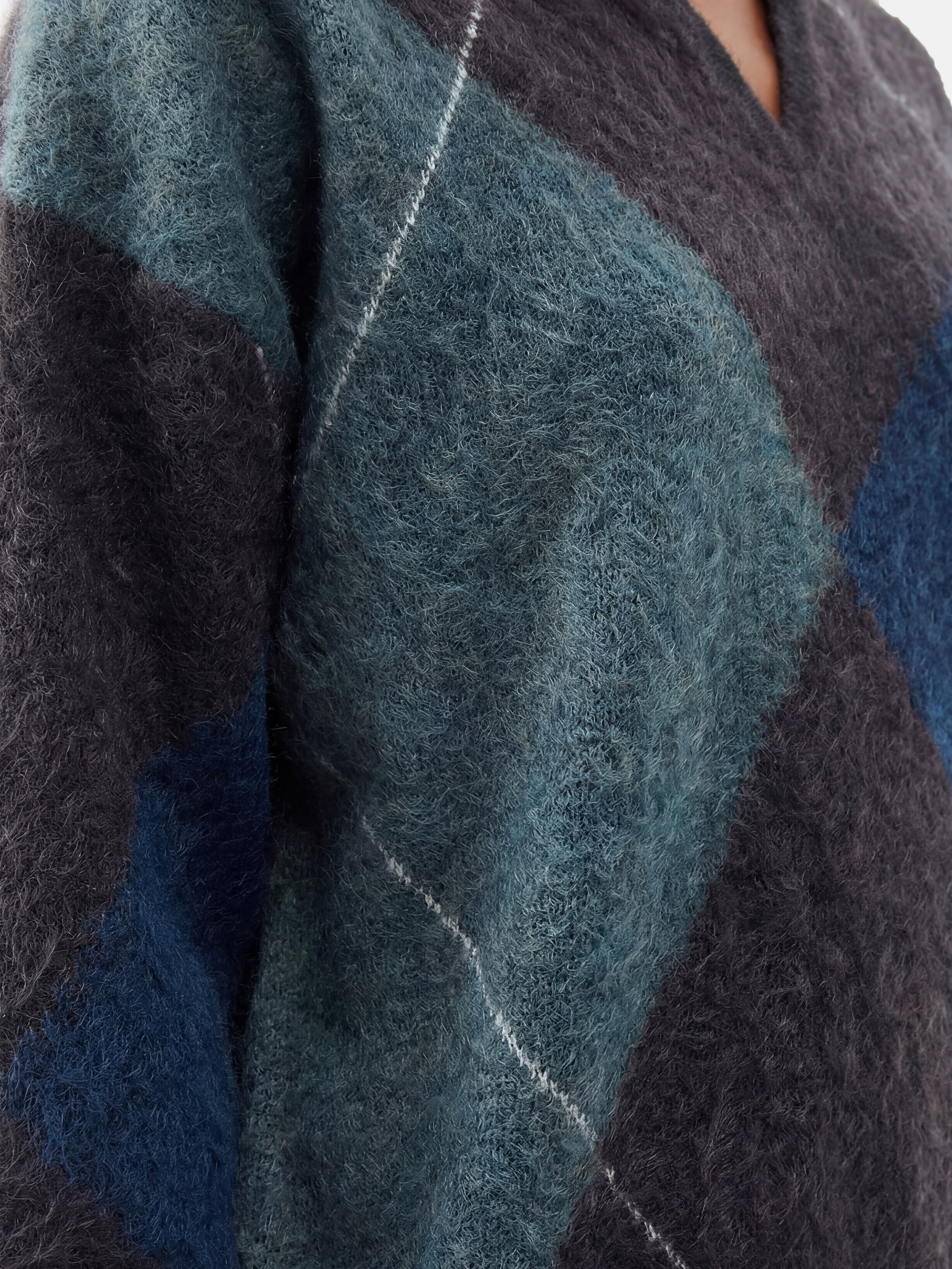 SELVANE Cashmere Argyle Split-Neck Sweater, featuring softened argyle pattern, relaxed fit, and subtle split neck.