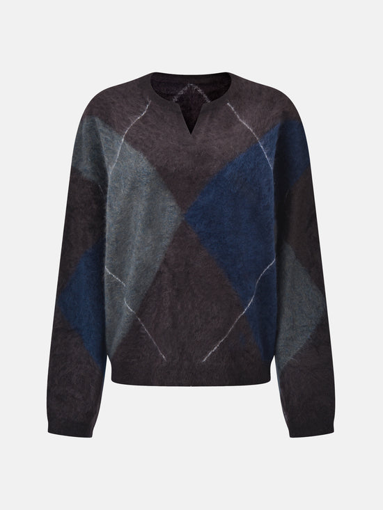 SELVANE Cashmere Argyle Split-Neck Sweater, featuring softened argyle pattern, relaxed fit, and subtle split neck.