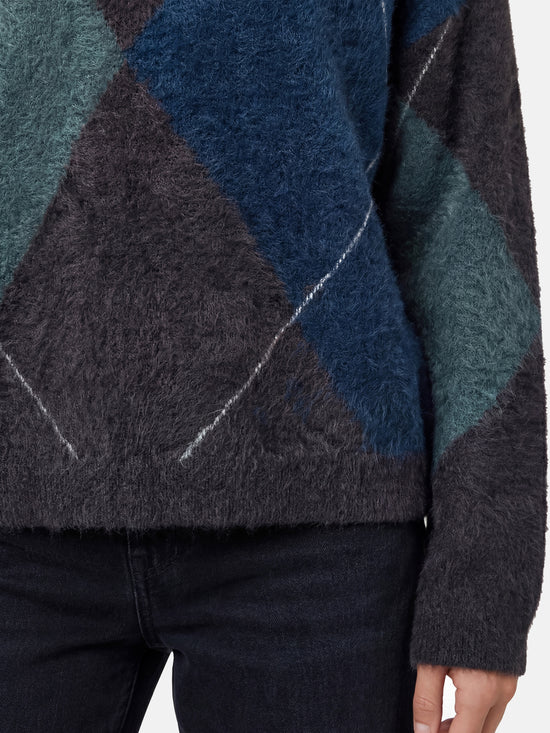 SELVANE Cashmere Argyle Split-Neck Sweater, featuring softened argyle pattern, relaxed fit, and subtle split neck.