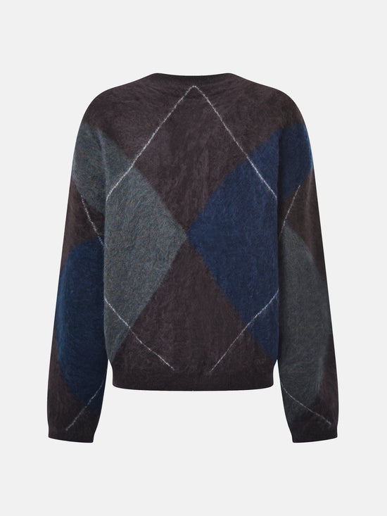 SELVANE Cashmere Argyle Split-Neck Sweater, featuring softened argyle pattern, relaxed fit, and subtle split neck.