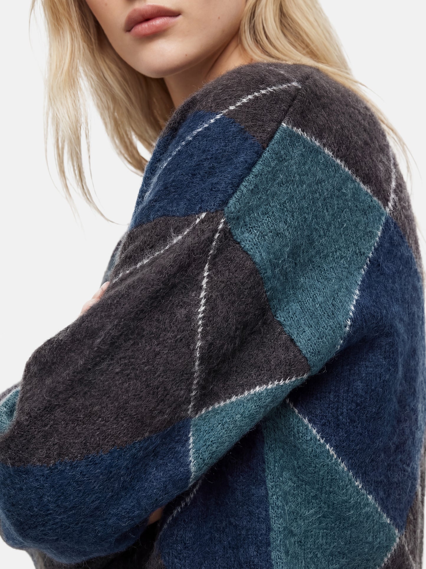 SELVANE Cashmere Argyle Split-Neck Sweater, featuring softened argyle pattern, relaxed fit, and subtle split neck.