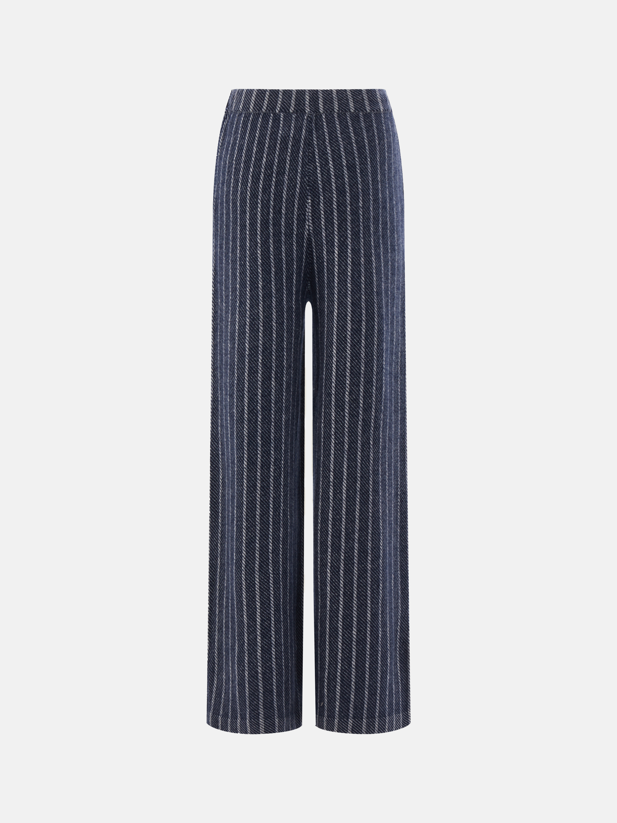 Full-length navy striped cashmere drawstring trousers with a relaxed, straight leg, shown draped cleanly.
