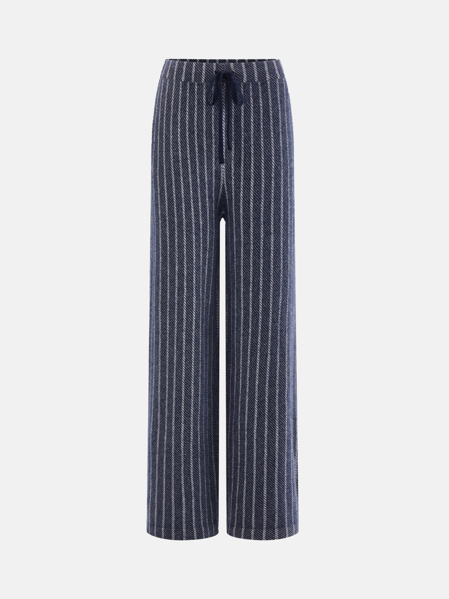 Full-length navy striped cashmere drawstring trousers with a relaxed, straight leg, shown draped cleanly.