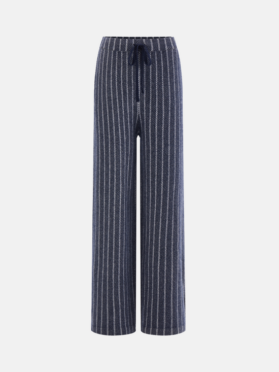 Full-length navy striped cashmere drawstring trousers with a relaxed, straight leg, shown draped cleanly.