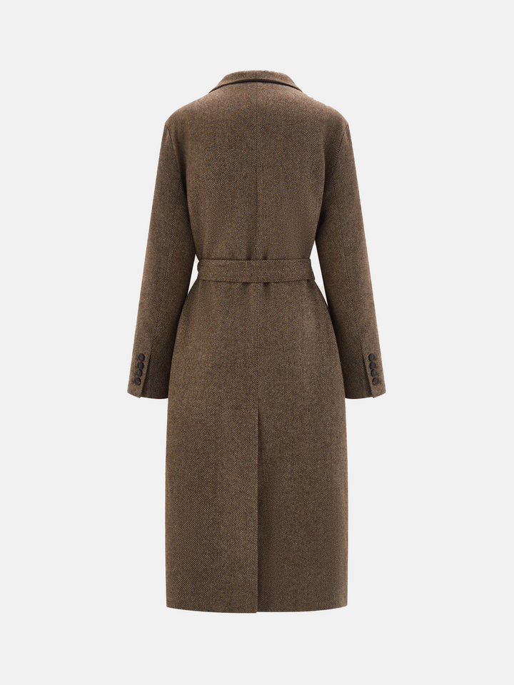 SELVANE Herringbone Belted Wool-Silk Long Coat in quiet khaki, featuring a shawl neckline and self-tie belt, shown in fluid motion.