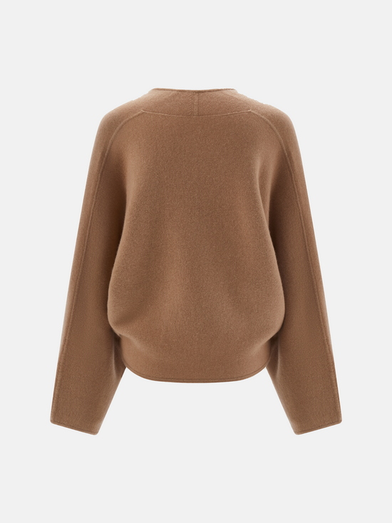 SELVANE Buckled Cape-Style Wool Jacket in khaki, featuring a dramatic cape drape and a single waist buckle.