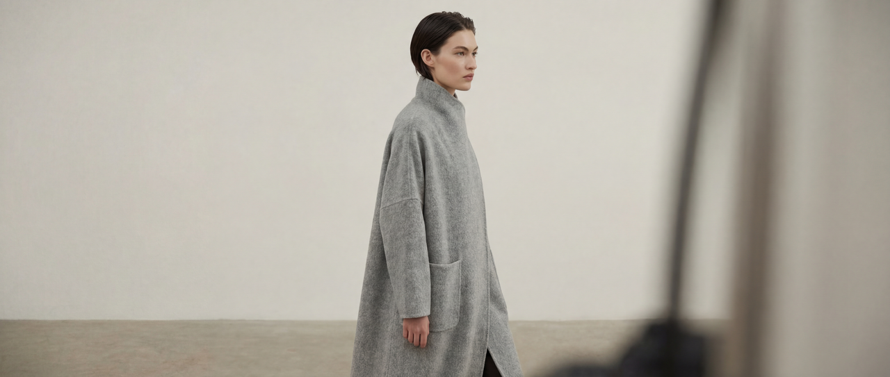 Draped Merino Wool Long Coat
