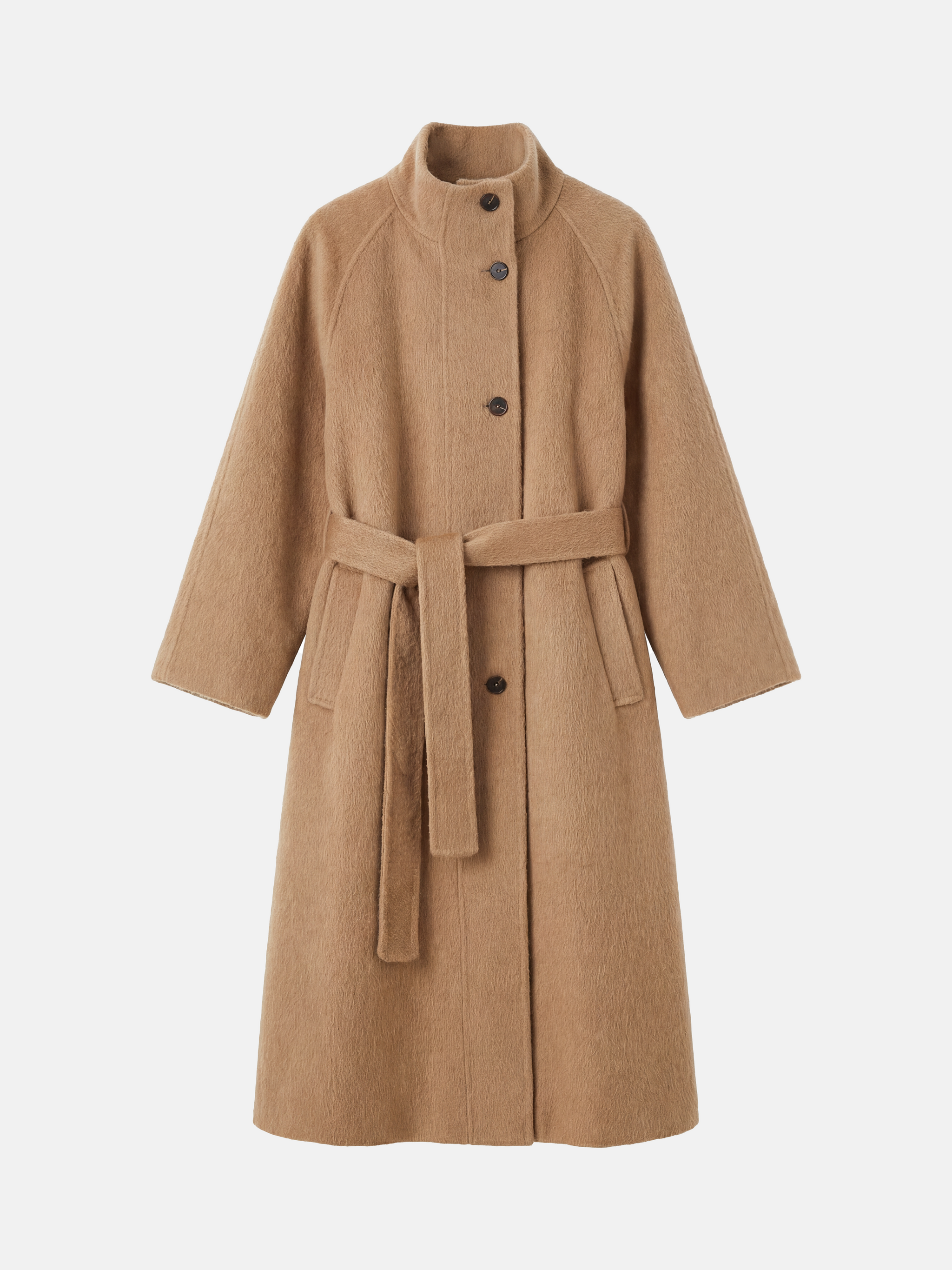 Full-length SELVANE camelhair belted coat with raglan sleeves and high stand collar, showcasing its elongated silhouette and plush texture.