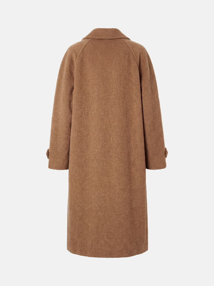 SELVANE Camel Wool-Alpaca Raglan Coat, knee-length, straight silhouette, sharp collar, rich camel color.