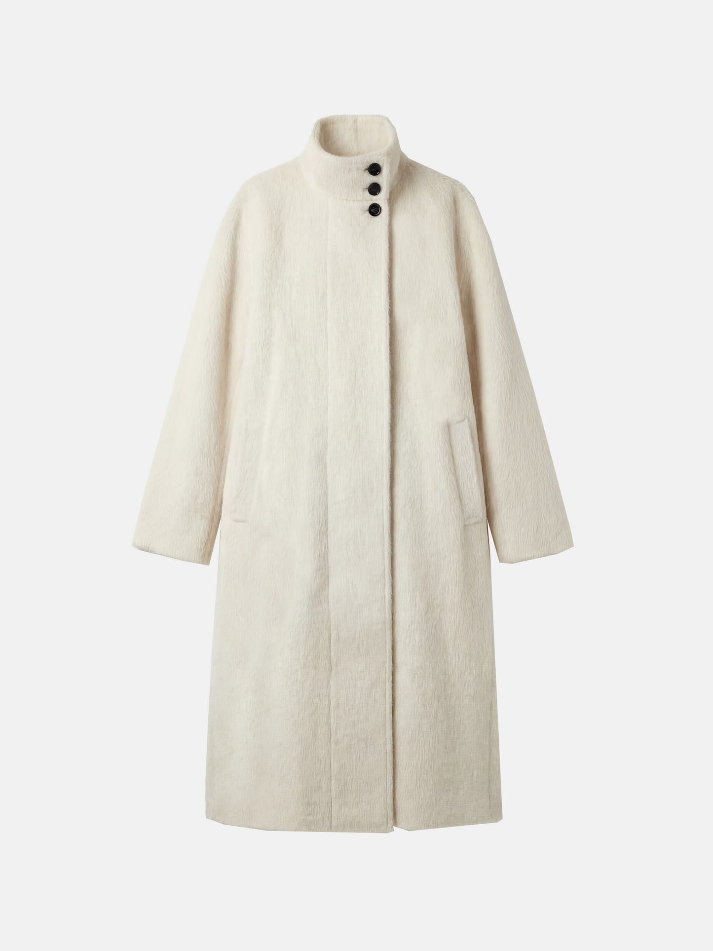 Ivory Baby Alpaca Wool Stand-Collar Coat by SELVANE, featuring a straight, oversized silhouette and three-button closure.
