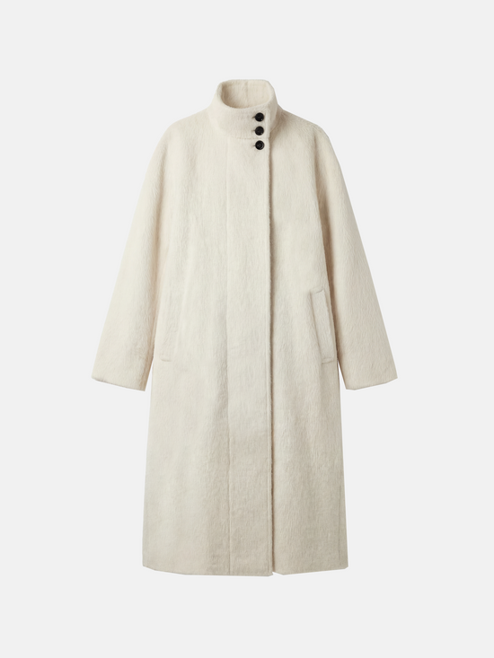 Ivory Baby Alpaca Wool Stand-Collar Coat by SELVANE, featuring a straight, oversized silhouette and three-button closure.