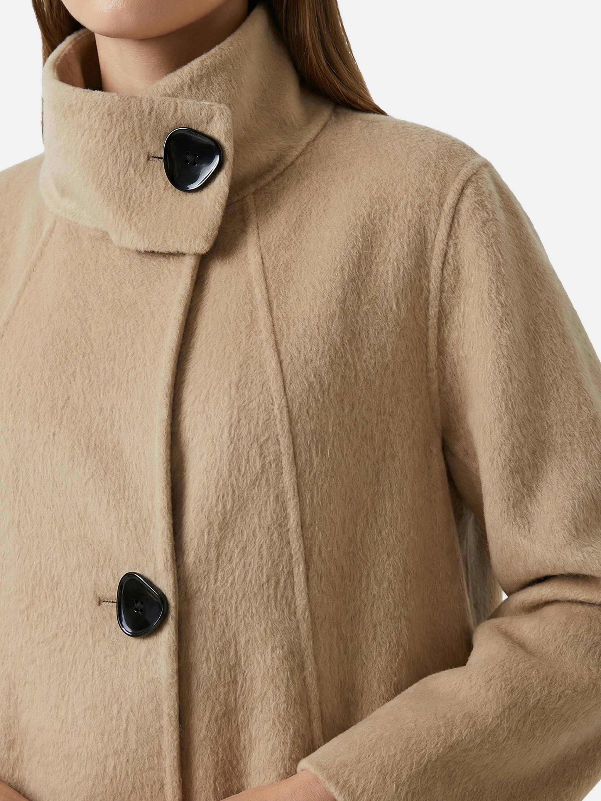 SELVANE Camel Hair Long Coat, featuring a high collar, double-button closure, and elegant straight silhouette.