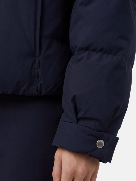 SELVANE High-Neck Bomber Down Jacket in black, featuring an exaggerated high collar and rounded silhouette, refined matte finish.