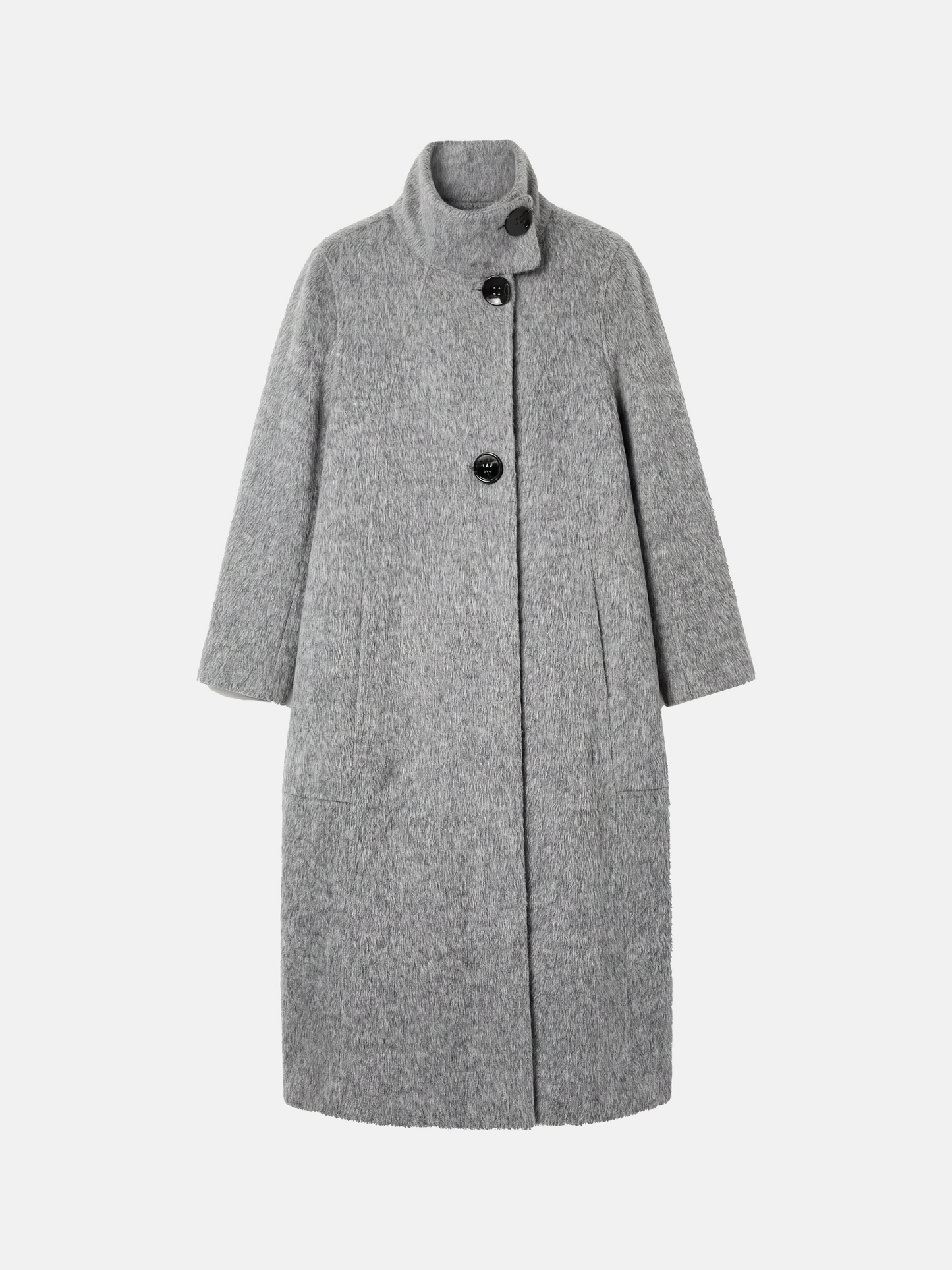 Tailored grey camel hair stand-up collar coat, full-length, structured body, soft brushed surface, elegant silhouette.