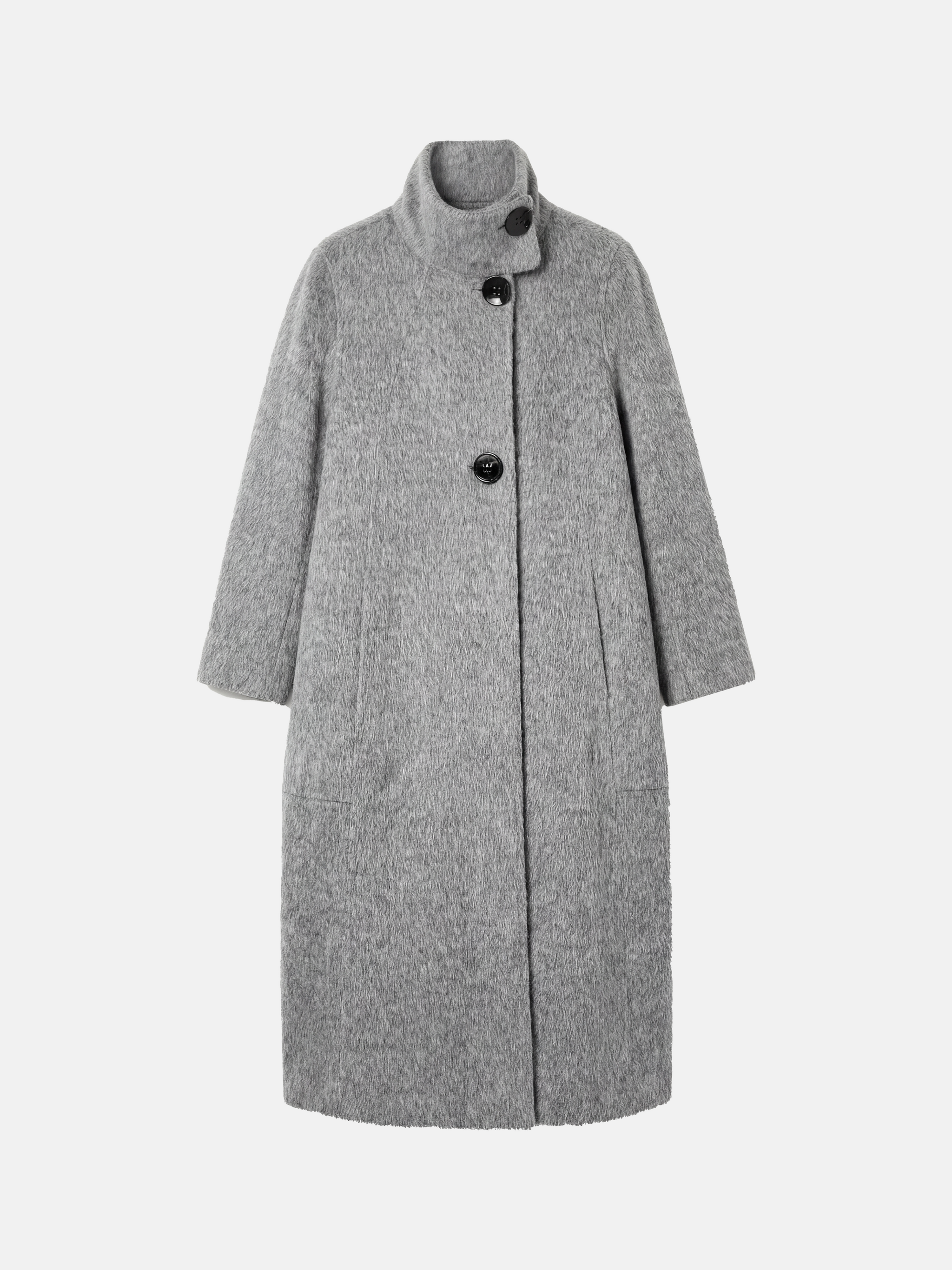 Tailored grey camel hair stand-up collar coat, full-length, structured body, soft brushed surface, elegant silhouette.