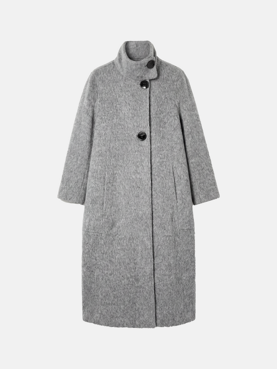 Tailored grey camel hair stand-up collar coat, full-length, structured body, soft brushed surface, elegant silhouette.