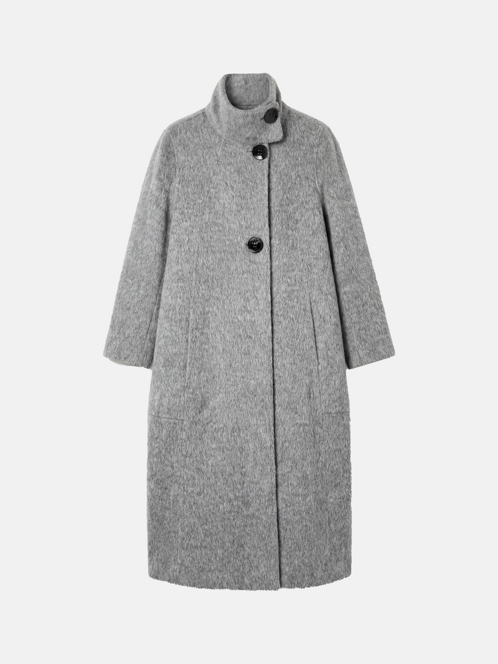 Tailored grey camel hair stand-up collar coat, full-length, structured body, soft brushed surface, elegant silhouette.