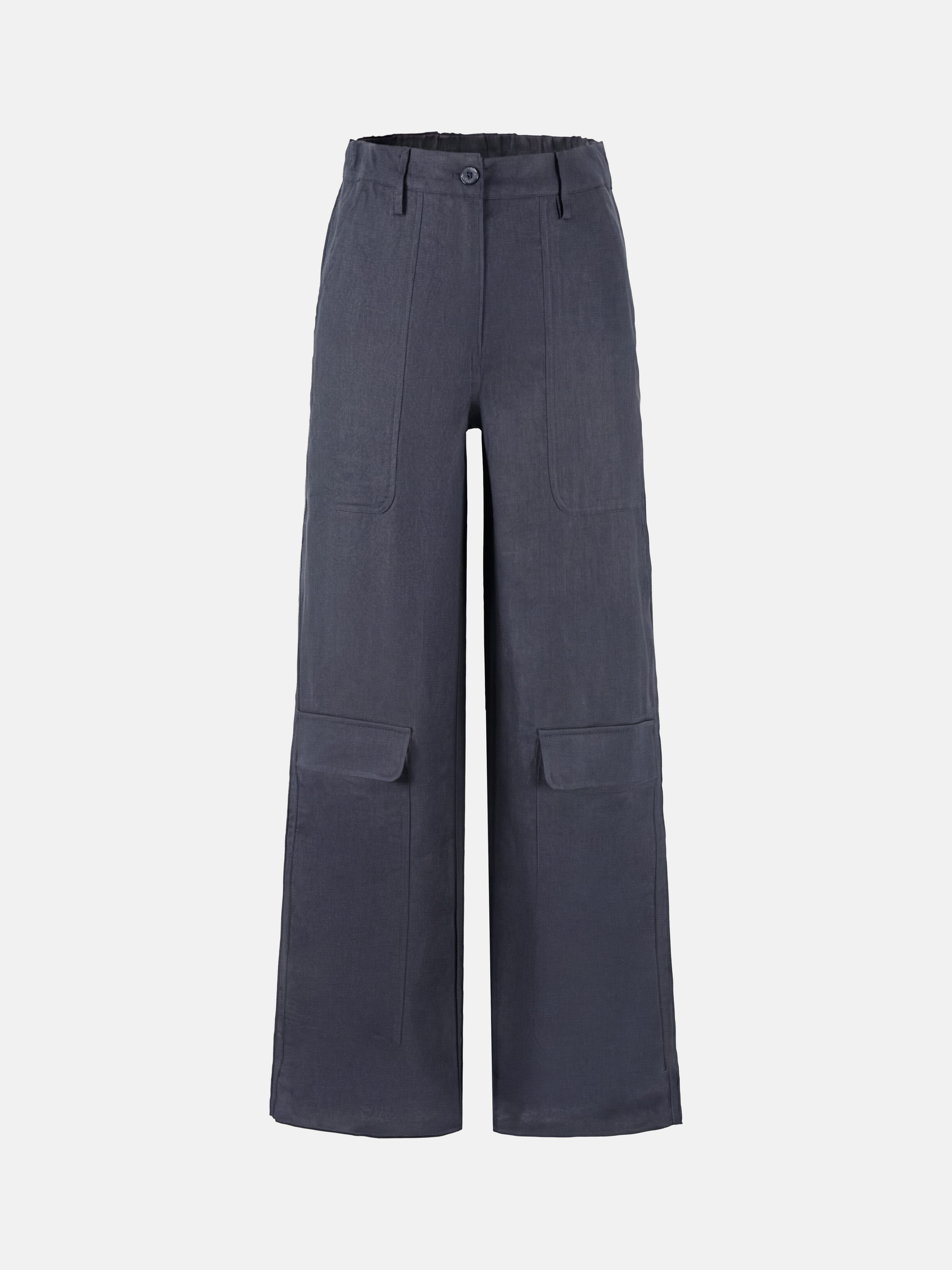 SELVANE Crisp Linen Work Pants, wide and straight cut, subtle utility pockets, on model, highlighting clear vertical lines and composed silhouette.