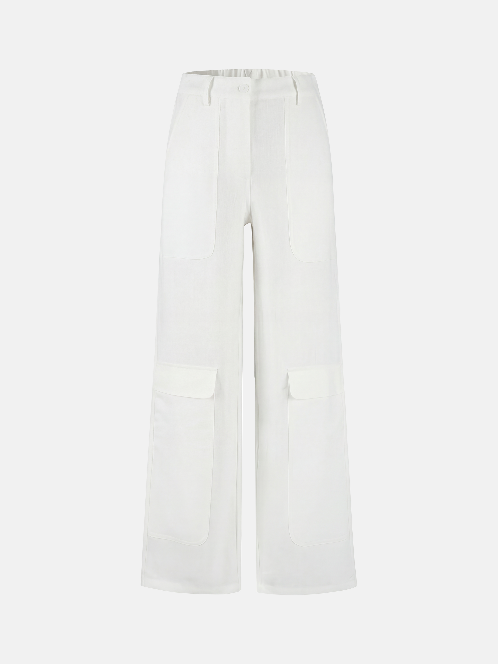 SELVANE Crisp Linen Work Pants, wide and straight cut, subtle utility pockets, on model, highlighting clear vertical lines and composed silhouette.