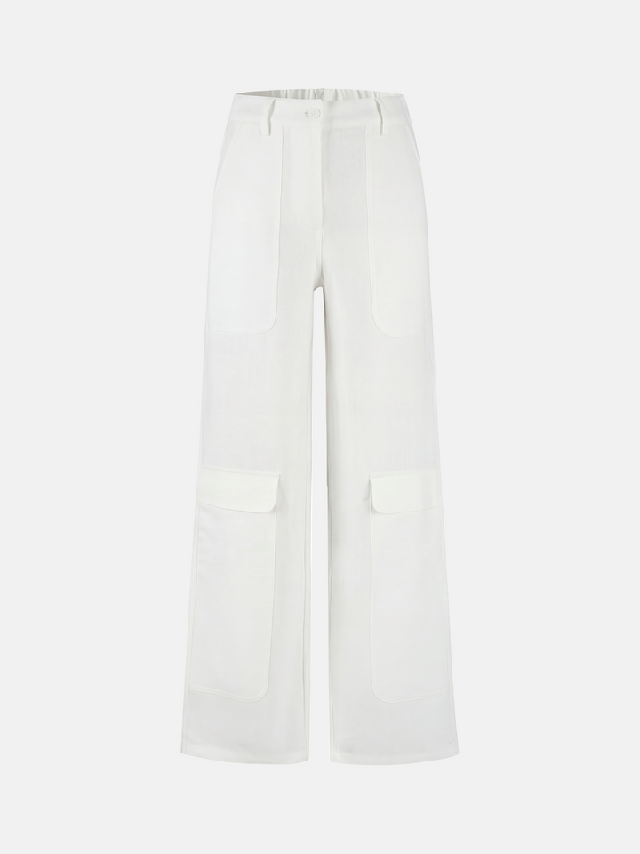 SELVANE Crisp Linen Work Pants, wide and straight cut, subtle utility pockets, on model, highlighting clear vertical lines and composed silhouette.