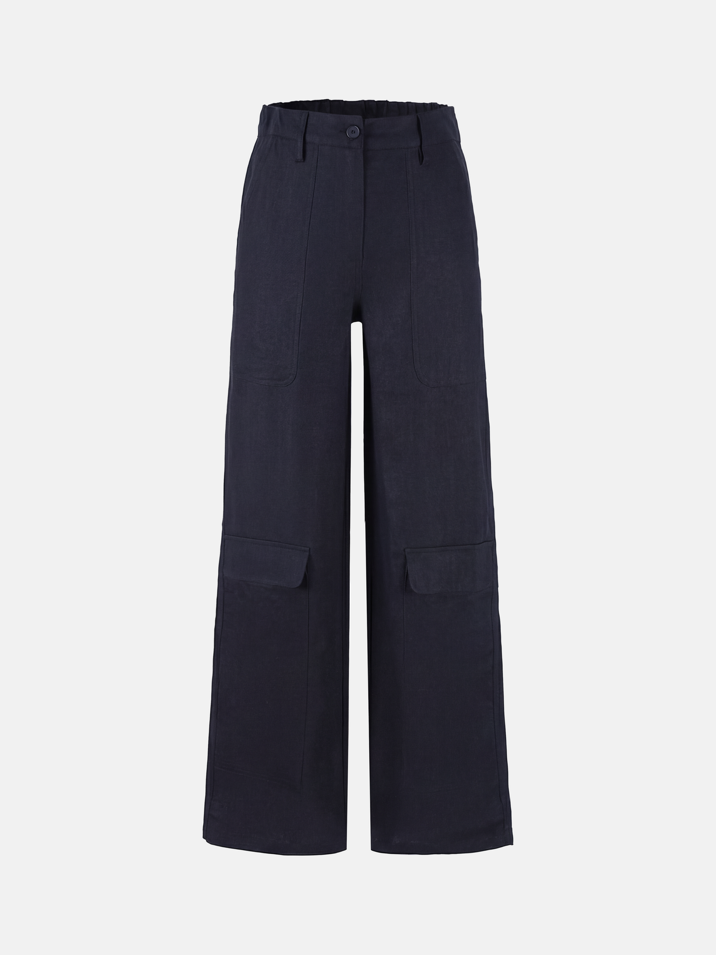 SELVANE Crisp Linen Work Pants, wide and straight cut, subtle utility pockets, on model, highlighting clear vertical lines and composed silhouette.