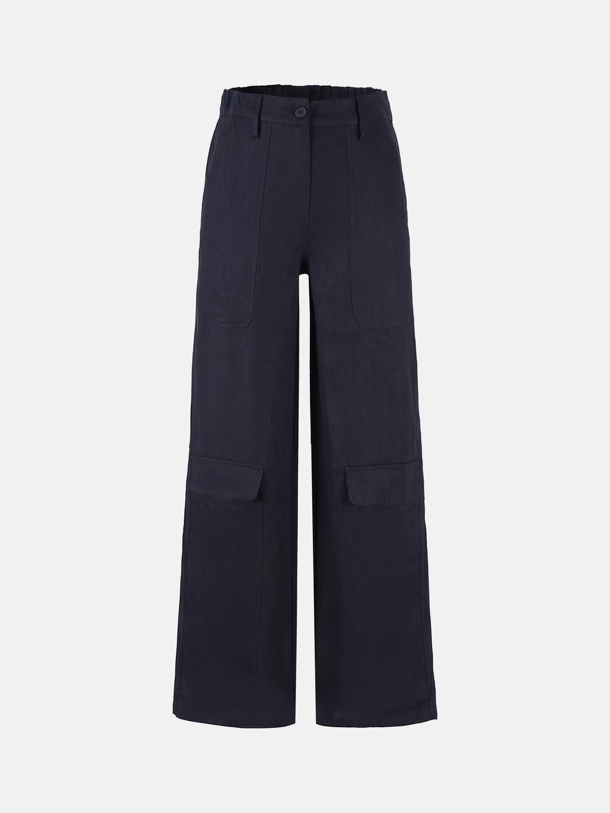 SELVANE Crisp Linen Work Pants, wide and straight cut, subtle utility pockets, on model, highlighting clear vertical lines and composed silhouette.