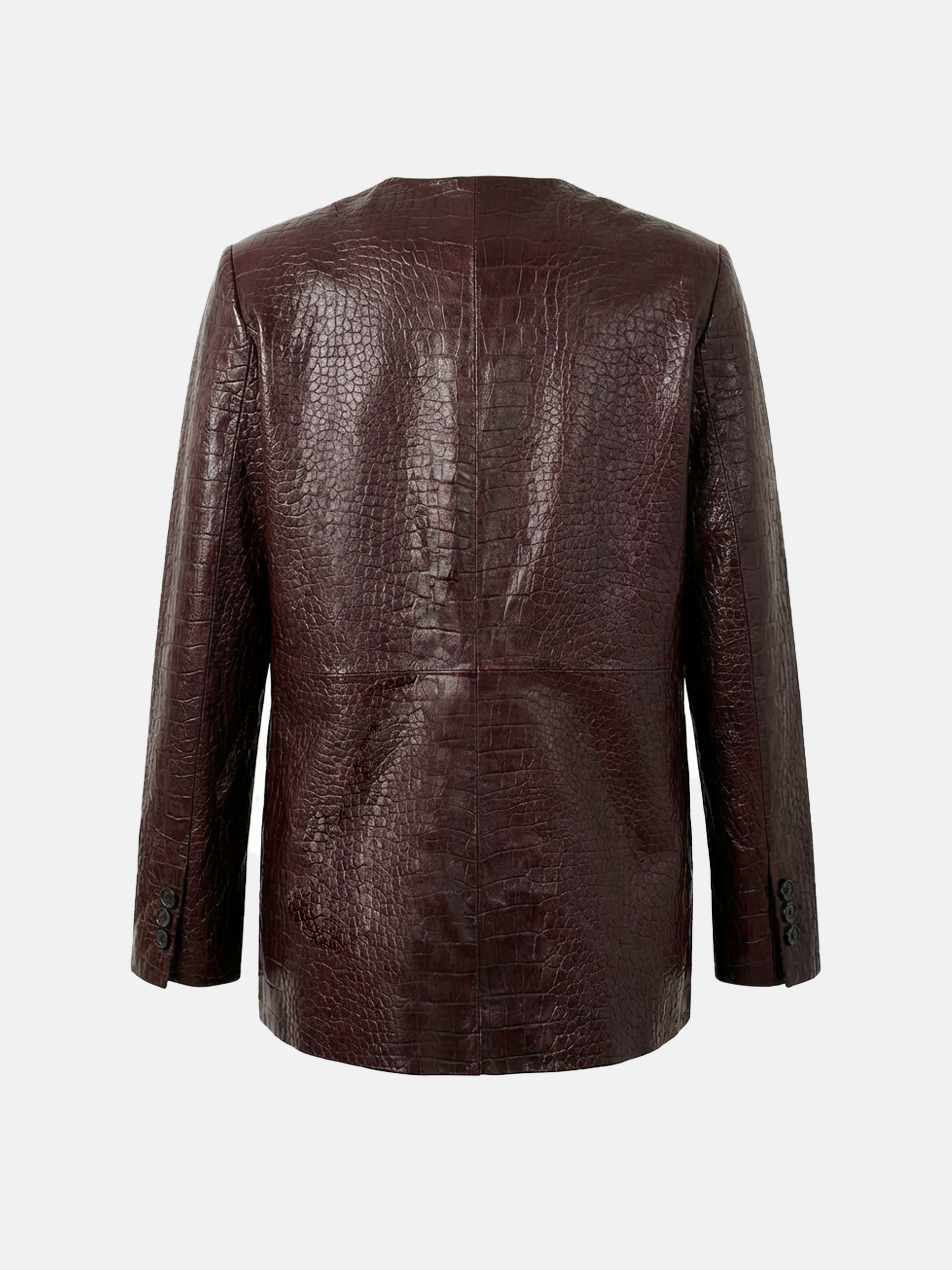 Deep oxblood embossed lambskin V-neck jacket, collarless with a single closure, shown on a model.