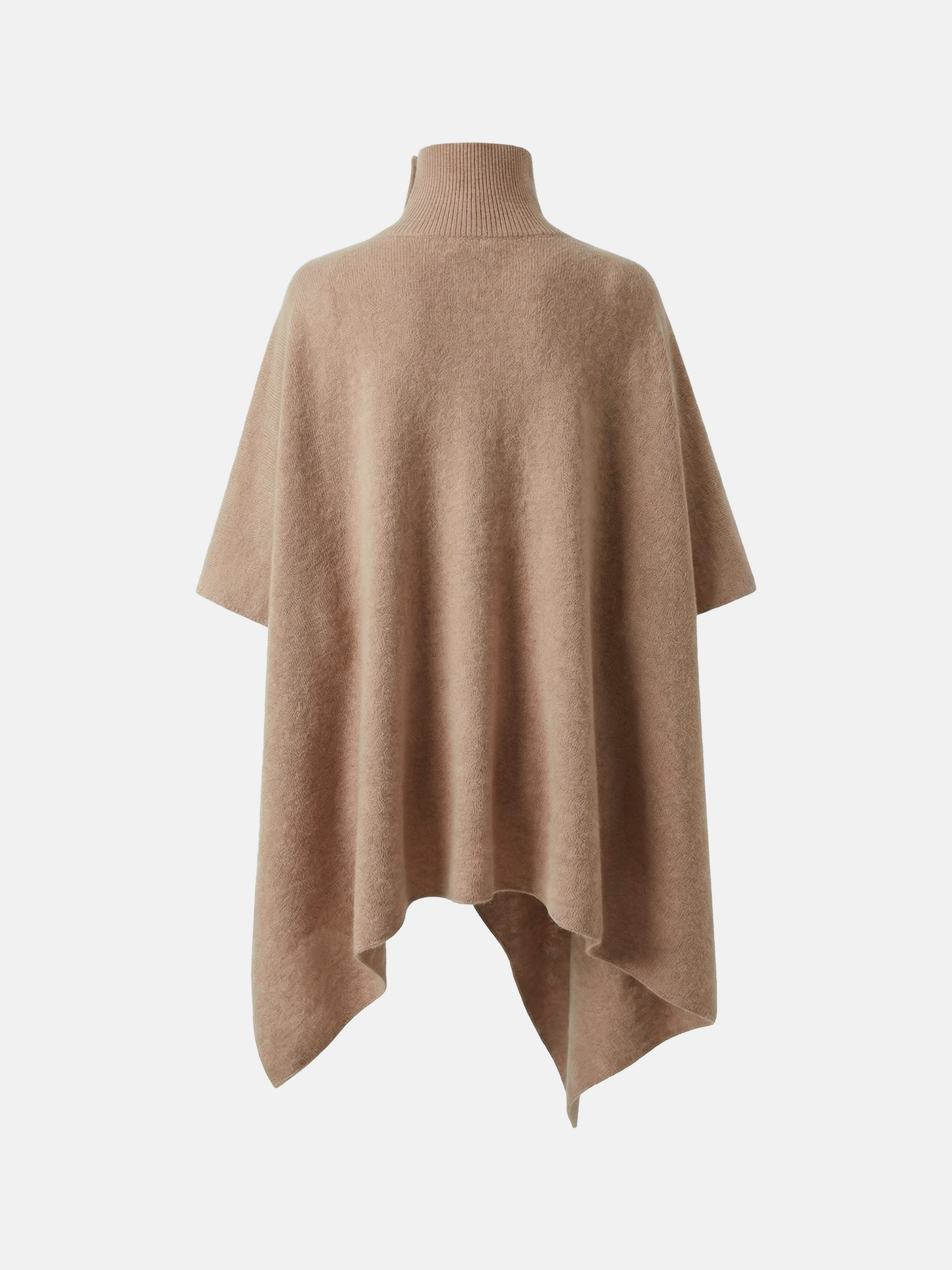 Pure cashmere button-neck cape in warm camel with an elongated, asymmetric drape and high ribbed neck.