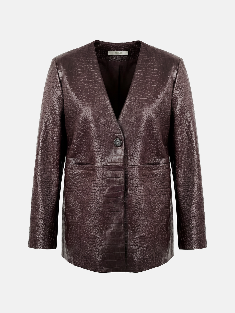 Veste col en V en cuir d'agneau gaufré Oxblood