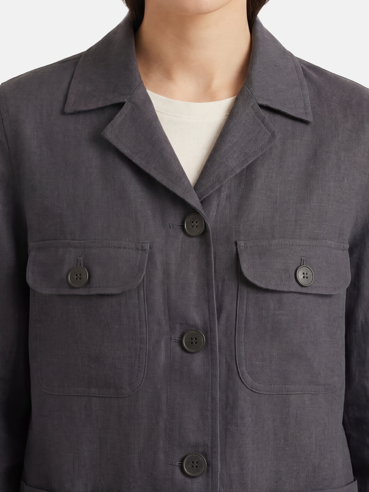 SELVANE Linen Work Shirt Jacket in a natural hue, featuring a clean-lined silhouette and four quiet utility pockets, embodying practical geometry.