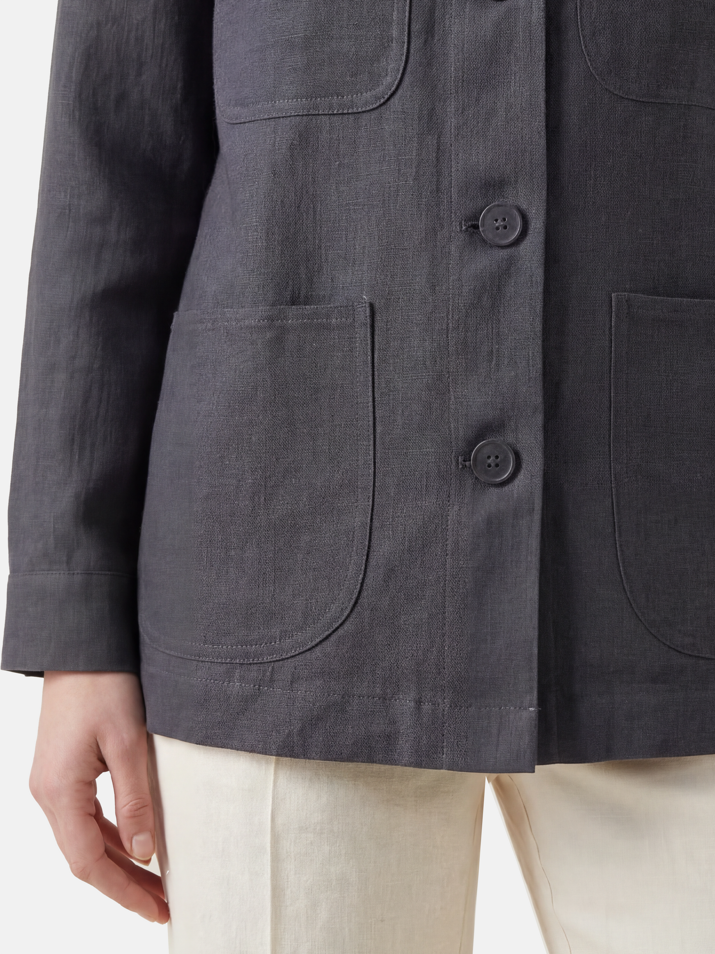 SELVANE Linen Work Shirt Jacket in a natural hue, featuring a clean-lined silhouette and four quiet utility pockets, embodying practical geometry.
