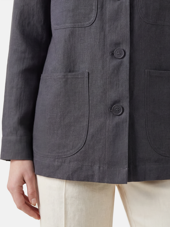 SELVANE Linen Work Shirt Jacket in a natural hue, featuring a clean-lined silhouette and four quiet utility pockets, embodying practical geometry.